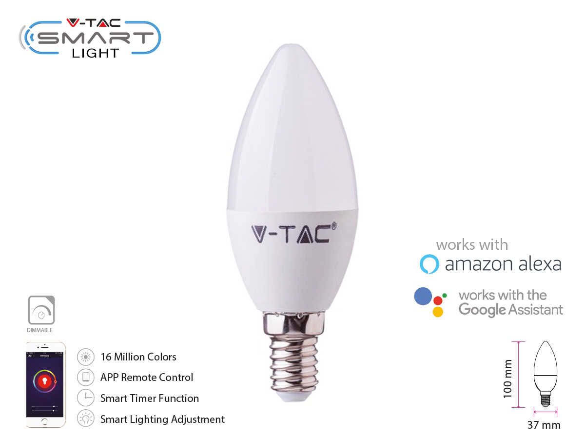 V-TAC Smart Lampada Led Candela E14 C37 4,5W WiFi RGB CCT Dimmerabile APP  Compatible  Alexa Google Home SKU-2754 - Led Mauro Mania